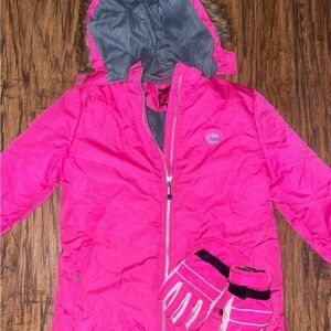 Pink Platinum Kids Puffer Jacket and Gloves Set - Hot Pink